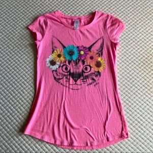Girls hot pink cat floral crown tee
